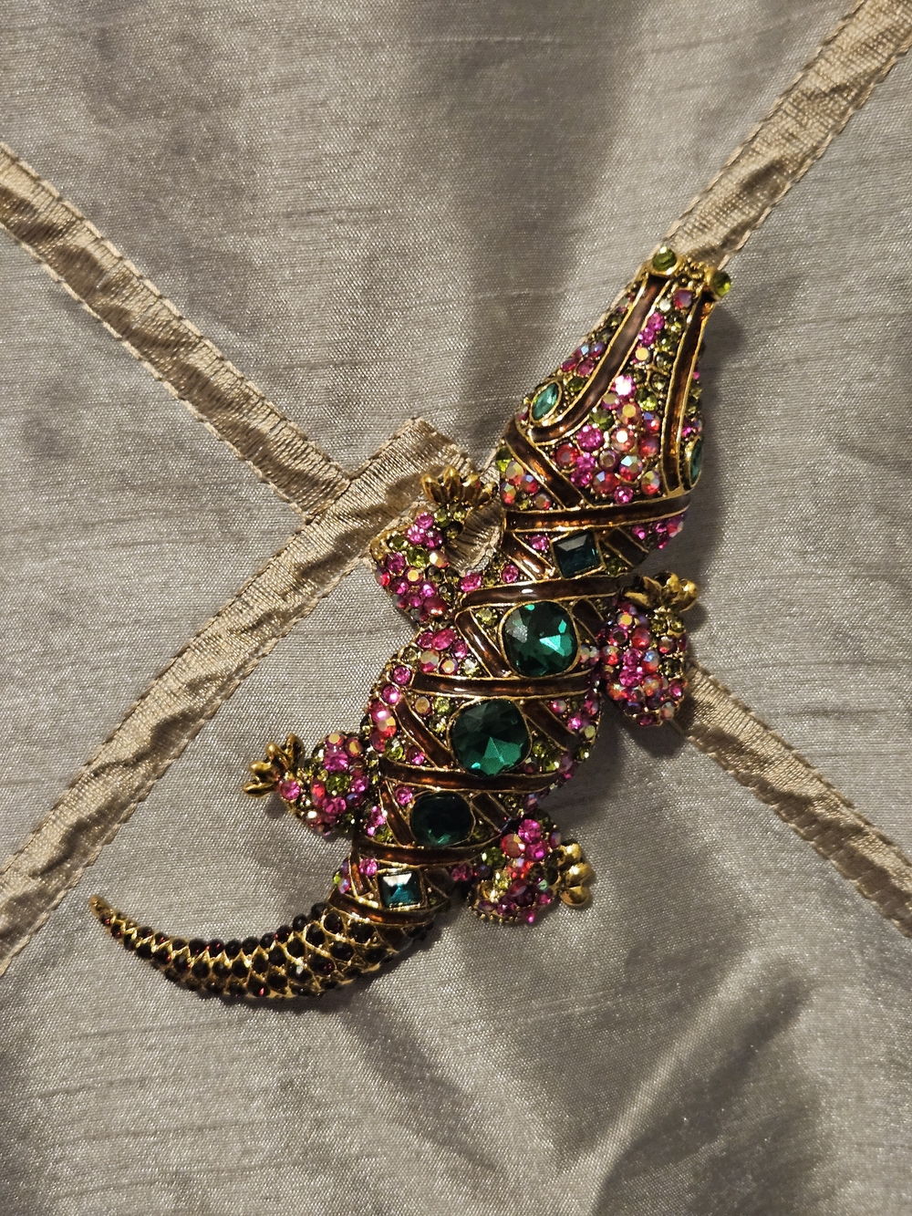 Gold Toned Jeweled Alligator Brooch with Green and Pink Crystals